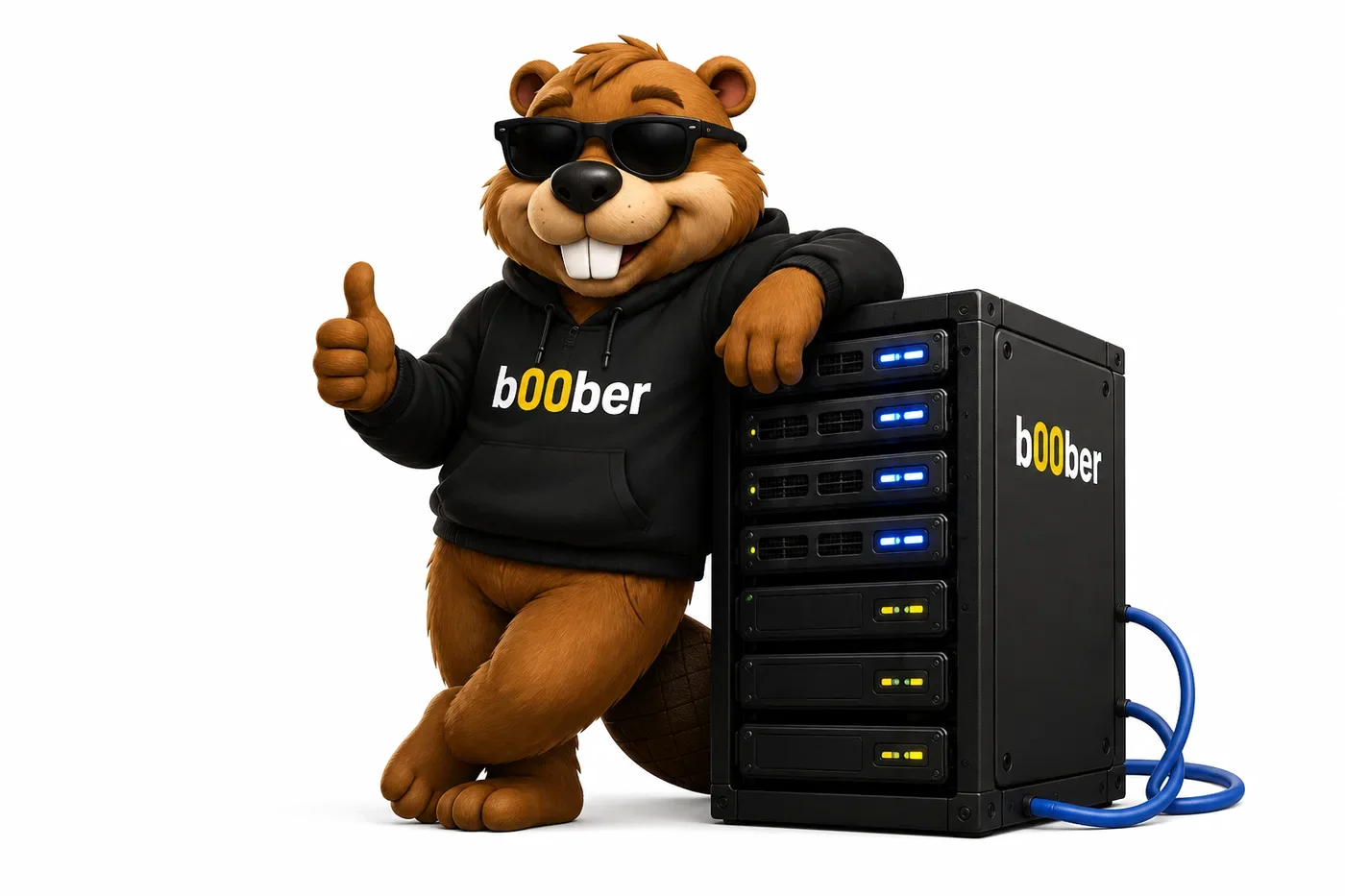 Bóbr b00ber przy szafie serwerowej